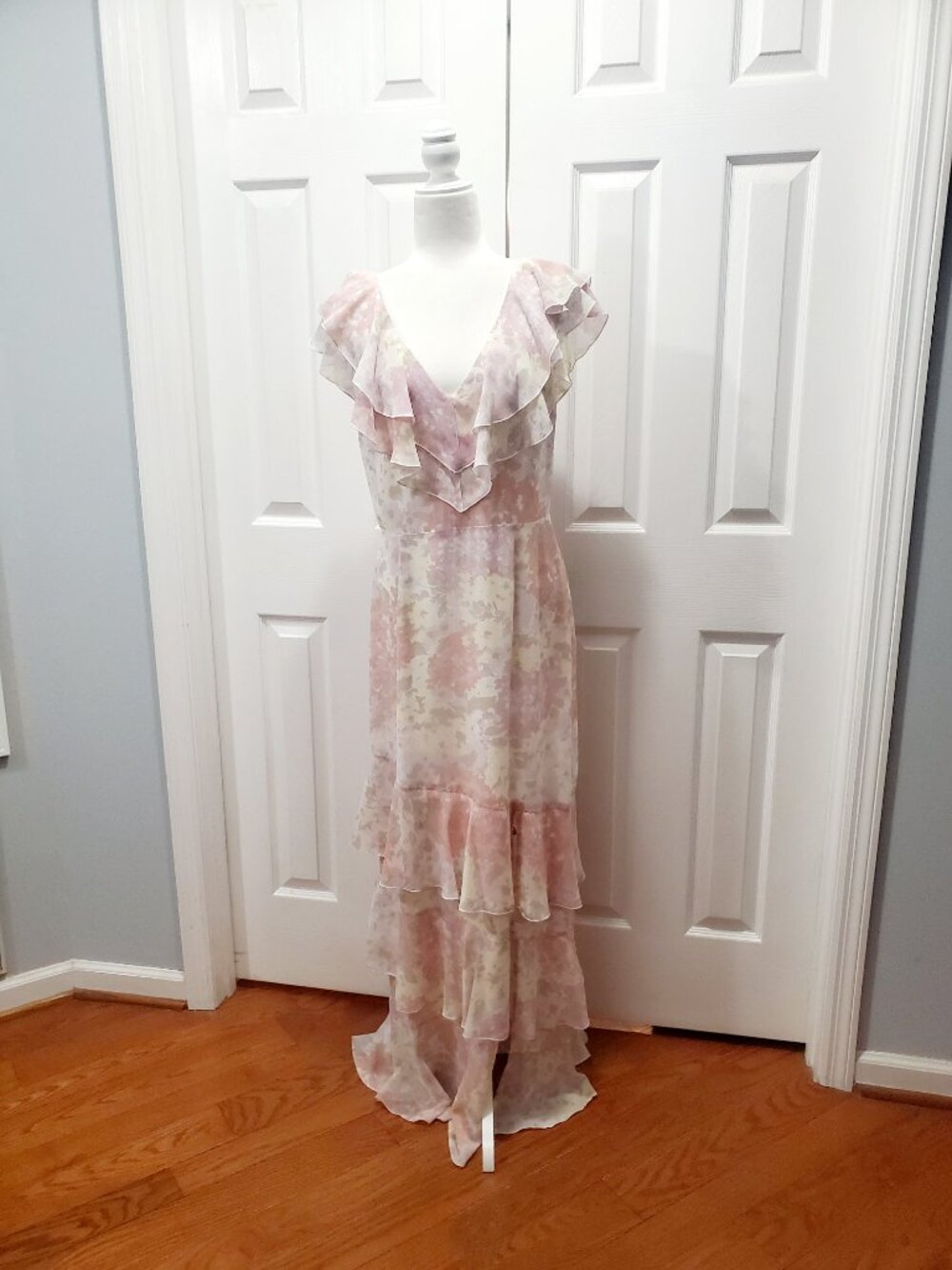 WAYF Pink Floral Ruffle Maxi Dress Size L Cottagecore Romantic Wedding  Guest - Picture 2 of 13